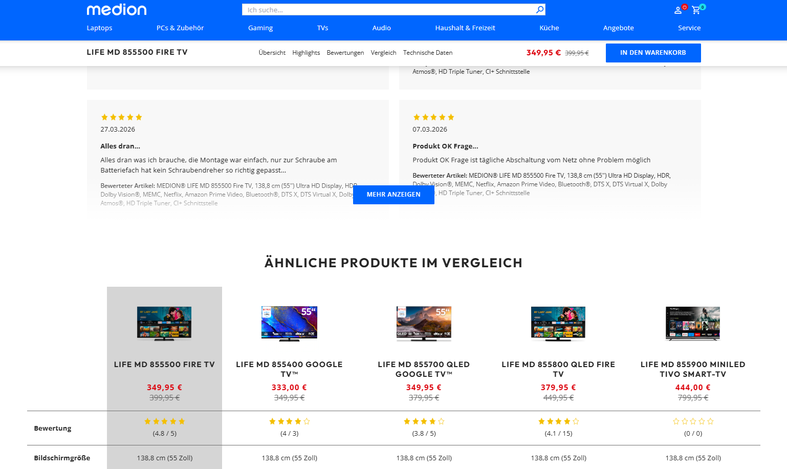 Product detail page after comparison element
